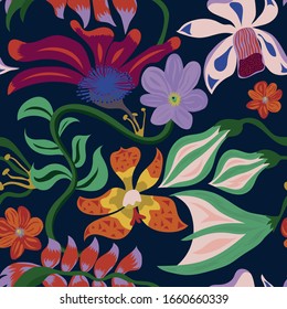 Hand drawn multicolor funny cartoon vector flowers and leaves seamless pattern on blue background. Exotic creative illustration repeating style image.