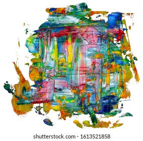 Hand drawn multicolor isolated paintbrush square eps10 vector illustration. Splatter paint texture. Distress rough background.