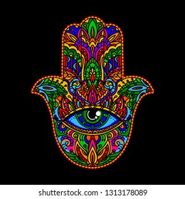 Hand drawn multicolor Ornate amulet Hamsa Hand of Fatima. Ethnic amulet common in Indian, Arabic and Jewish cultures. Bohho style