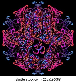 Hand drawn multicolor Ornate amulet Hamsa Hand of Fatima. Ethnic amulet common in Indian, Arabic and Jewish cultures. Bohho style