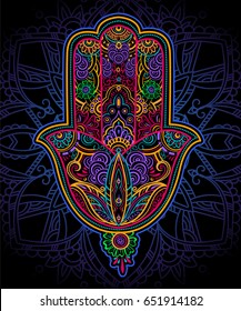 Hand drawn multicolor Ornate amulet Hamsa Hand of Fatima. Ethnic amulet common in Indian, Arabic and Jewish cultures. Bohho style