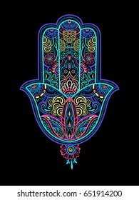 Hand drawn multicolor Ornate amulet Hamsa Hand of Fatima. Ethnic amulet common in Indian, Arabic and Jewish cultures. Bohho style