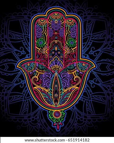 Hand drawn multicolor Ornate amulet Hamsa Hand of Fatima. Ethnic amulet common in Indian, Arabic and Jewish cultures. Bohho style