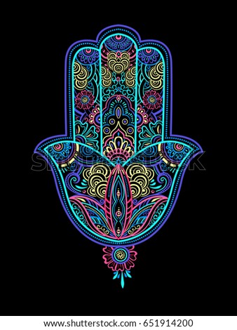 Hand drawn multicolor Ornate amulet Hamsa Hand of Fatima. Ethnic amulet common in Indian, Arabic and Jewish cultures. Bohho style
