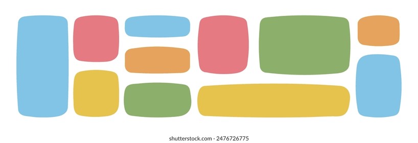 Conjunto de cuadros de texto multicolor dibujados a mano. Formas rectangulares para redes sociales y cuadros de diálogo.