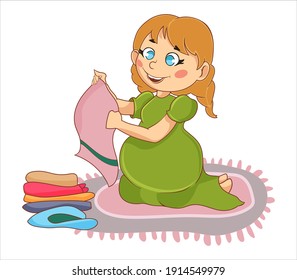 Hand drawn multicolor toon femail sits on mat on white background. Illustration