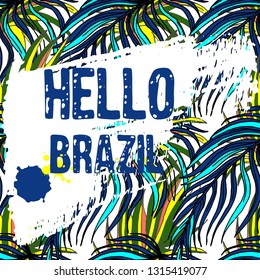 Hand drawn multicolor tropical background and grunge texture for Brazil carnival poster, greeting card, party invitation, banner or flyer. Vector Illustration