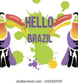 Hand drawn multicolor tropical background,grunge texture and toucan for Brazil carnival poster, greeting card, party invitation, banner or flyer. Vector Illustration