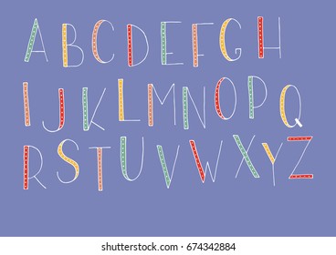 Hand drawn multicolor vector alphabet  isolated on blue background.