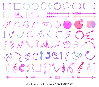 Hand drawn multicolored arrows. Infographic elements. Big set of colorful pointers on isolation background. Line art
