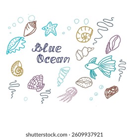 Hand drawn multicolored doodle set with lettering blue ocean sea elements Vector set illustration on white background. For printing and textile postcards.