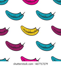 Hand Drawn Multicolored Falling Feather Seamless Pattern.