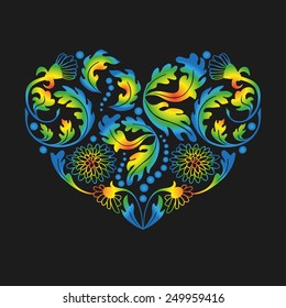 Hand drawn multicolored floral items in a shape of heart on black background.