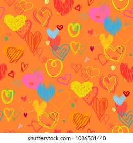 Hand drawn multicolored hearts. Abstract background. Seamless texture. Line art. Set of love signs. Unique illustration for design. Line art creation