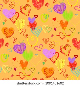 Hand drawn multicolored hearts. Abstract background. Seamless texture. Line art. Set of love signs. Unique illustration for design. Line art creation