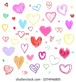Hand drawn multicolored hearts on white background. Set of love signs. Unique illustration for design. Line art creation