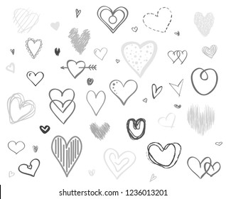 Hand drawn multicolored hearts on white background. Set of love signs. Unique illustration for design. Black and white illustration for banners, flyers or posters