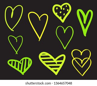 Hand drawn multicolored hearts on black background. Set of love signs. Unique illustration for design. Line art creation. Sketchy elements