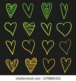 Hand drawn multicolored hearts on black background. Line art creation. Sketchy elements