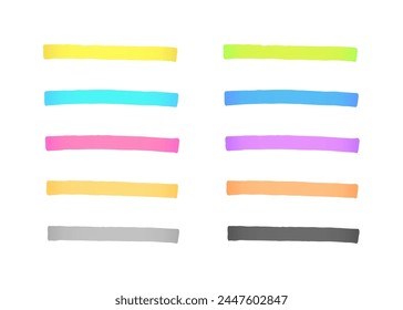 Hand drawn multicolored highlight lines set isolated on white background. Transparent marker underline strokes design elements.