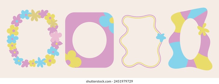 Hand drawn multicolored psychedelic retro textbox for social media. Trendy graphic template of curved frame. groovy style 