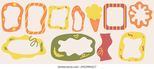 Hand drawn multicolored psychedelic retro textbox for social media. Trendy graphic template of curved frame. groovy style 