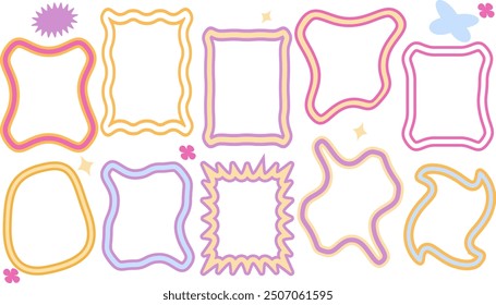 Hand drawn multicolored psychedelic retro textbox for social media. Trendy graphic template of curved frame. groovy style . Vector illustration