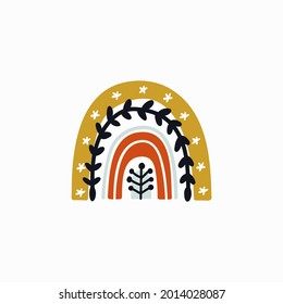 Hand drawn multicolored rainbow with floral elements. Vector flat illustration isolated on white background. Cartoon image for stickers, posters, postcards, t-shirt design.