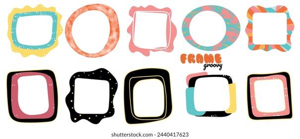 Hand drawn multicolored retro textbox for social media. Trendy graphic template of curved frame. groovy style . Vector illustration