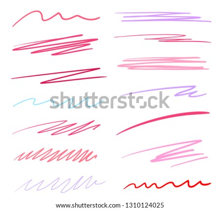 Hand drawn multicolored underlines on white. Abstract backgrounds with array of lines. Stroke chaotic patterns. Colorful illustration. Sketchy elements for posters and flyers