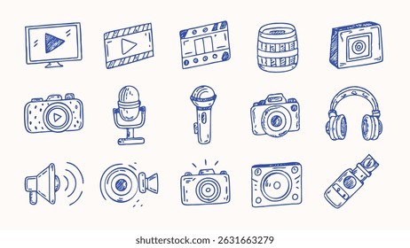 Hand drawn multimedia icons set for live streaming broadcasting and video production