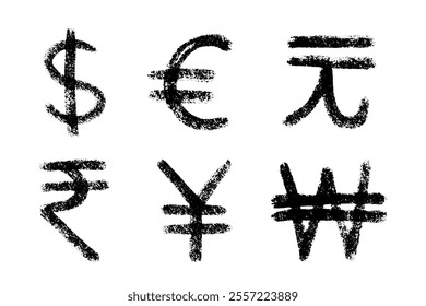 Hand drawn multiple currencies symbol set Dollar euro yuan yen won rupee