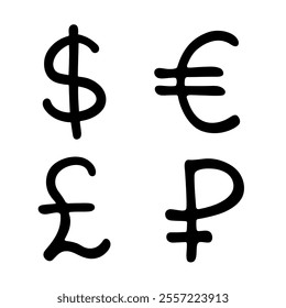 Hand drawn multiple currencies symbol set Dollar euro pound ruble