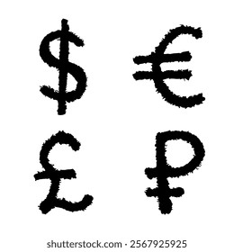 Hand drawn multiple currencies symbol set Dollar euro pound ruble