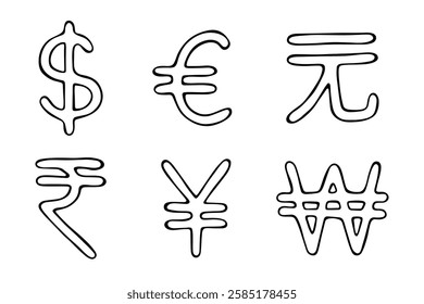 Hand drawn multiple currencies symbol set Dollar euro yuan yen won rupee