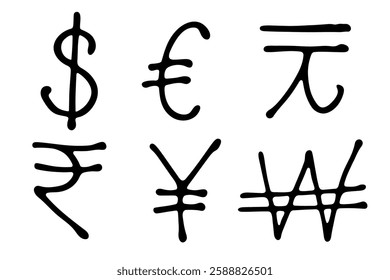 Hand drawn multiple currencies symbol set Dollar euro yuan yen won rupee