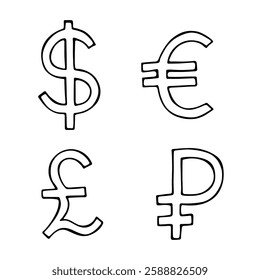 Hand drawn multiple currencies symbol set Dollar euro pound ruble