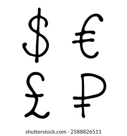 Hand drawn multiple currencies symbol set Dollar euro pound ruble