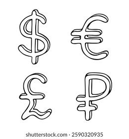 Hand drawn multiple currencies symbol set Dollar euro pound ruble