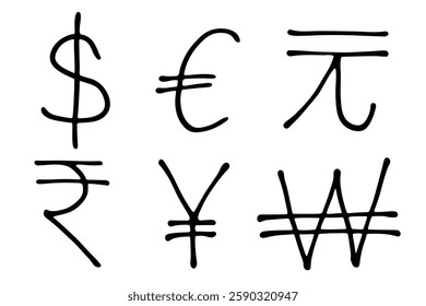 Hand drawn multiple currencies symbol set Dollar euro yuan yen won rupee