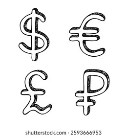 Hand drawn multiple currencies symbol set Dollar euro pound ruble