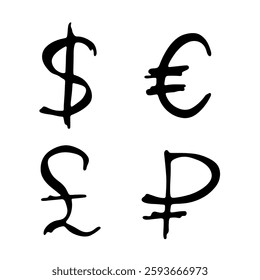 Hand drawn multiple currencies symbol set Dollar euro pound ruble