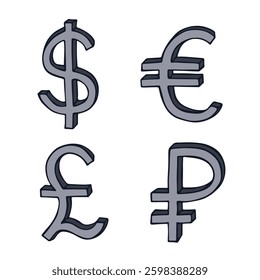 Hand drawn multiple currencies symbol set Dollar euro pound ruble