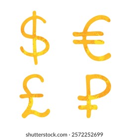 Hand drawn multiple gold currencies symbol set Dollar euro pound ruble