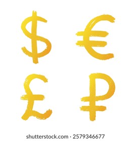 Hand drawn multiple gold currencies symbol set Dollar euro pound ruble