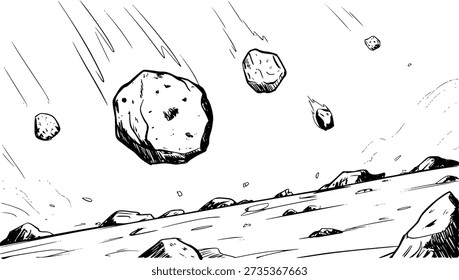 Hand drawn of multiple meteors and asteroids falling from the sky onto a rocky, uneven surface. meteor, asteroid, space. hand...