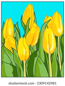 Hand drawn multiple yellow tulips. Vector illustration.