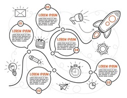 Hand Drawn Multipurpose Infographic Template With Rocket. Five Steps With Text Boxes Can Be Used For Timeline On White Background. Vector Illustration.