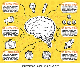 Hand drawn multipurpose infographic template with human brain. Six steps with text boxes can be used for timeline on yellow background. Vector illustration.