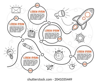 Hand drawn multipurpose infographic template with rocket. Five steps with text boxes can be used for timeline on white background. Vector illustration.